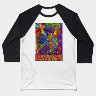 PSYCHEDELIC TRIPPY HORROR VACUI ANIMAL ROOSTER  WITH SUN PLANETS GALAXIES - full colour Baseball T-Shirt